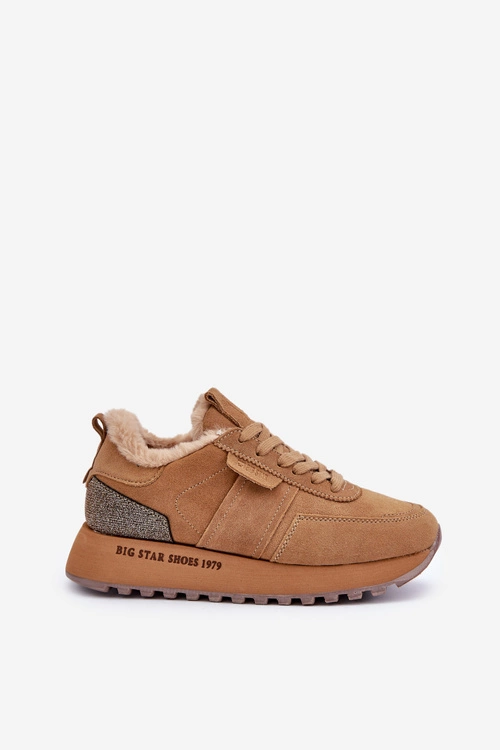 Zamszowe Sneakersy Damskie Z Futerkiem I Błyszczącym Elementem Big Star OO274578 Hi-Poly System Camel
