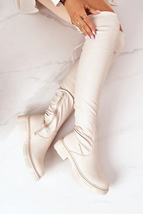 Skórzane Kozaki Za Kolano Beżowe Selina