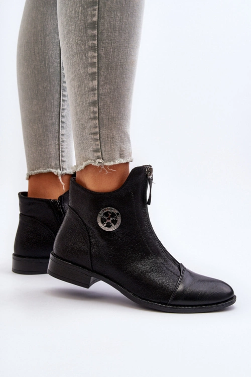 Damskie Botki Na Płaskim Obcasie Z Zamkiem Czarne Loratie