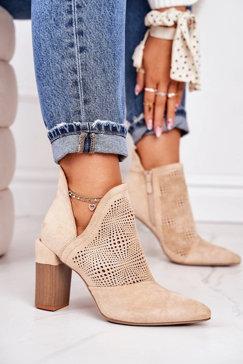 Ażurowe Botki Na Słupku Beżowe Michelle