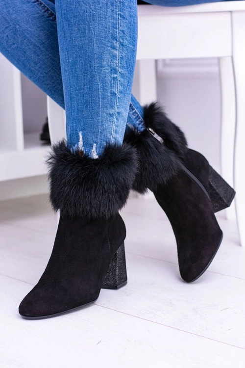 Damskie Czarne Zamszowe Botki Z Futrem Laura Messi 1689