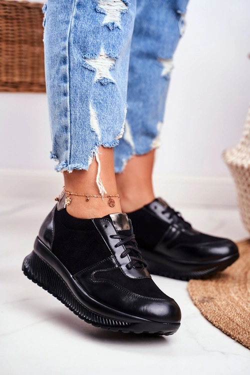 Obuwie Sportowe Damskie Skórzane Czarne Gianna