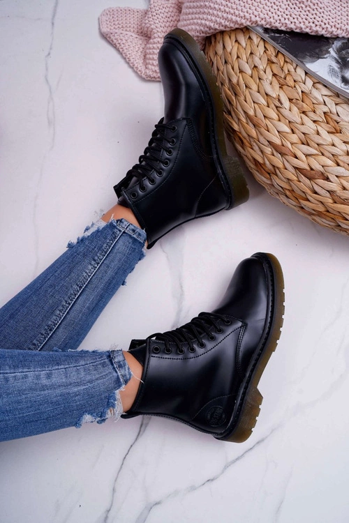 Damskie Botki Trapery Glany Big Star Skórzane Czarne EE274001