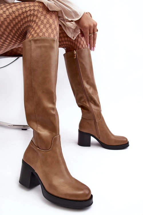 Damskie Kozaki Ocieplane Na Słupku Ciemnobeżowe Theisen