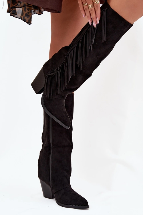 Kozaki Kowbojki Damskie Z Frędzlami Na Słupku Czarne Tivara