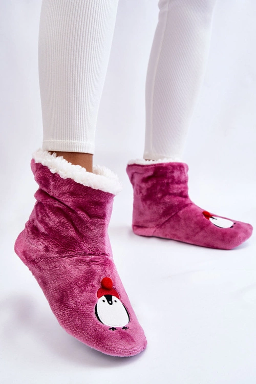 Damskie Wsuwane Ocieplane Papcie Z Pingwinami Fioletowe