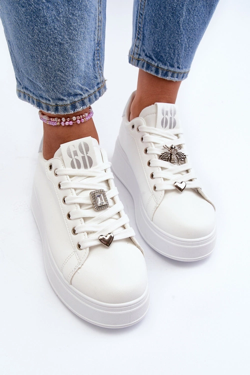 Sneakersy Damskie Na Platformie Z Ozdobami Białe Herbisa