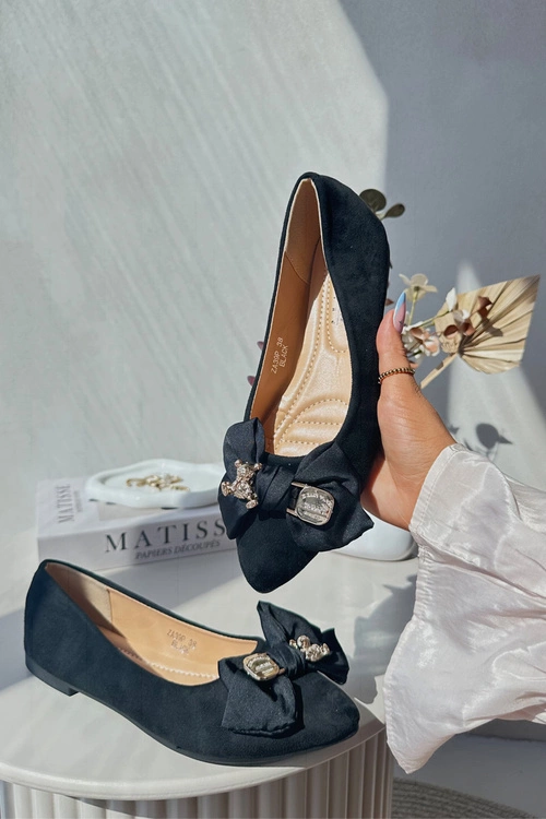 Damskie Eko Zamszowe Baleriny Z Kokardą I Broszką Czarne Satris