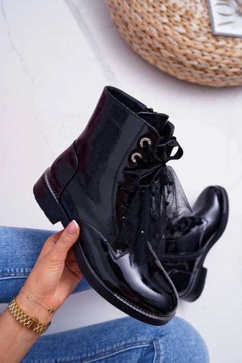 Botki Damskie Lakierowane Płaskie Czarne Barski 39-2