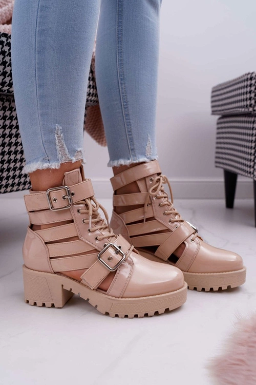 Botki Damskie Płaski Obcas Wiosenne Lakierowane Beżowe Single