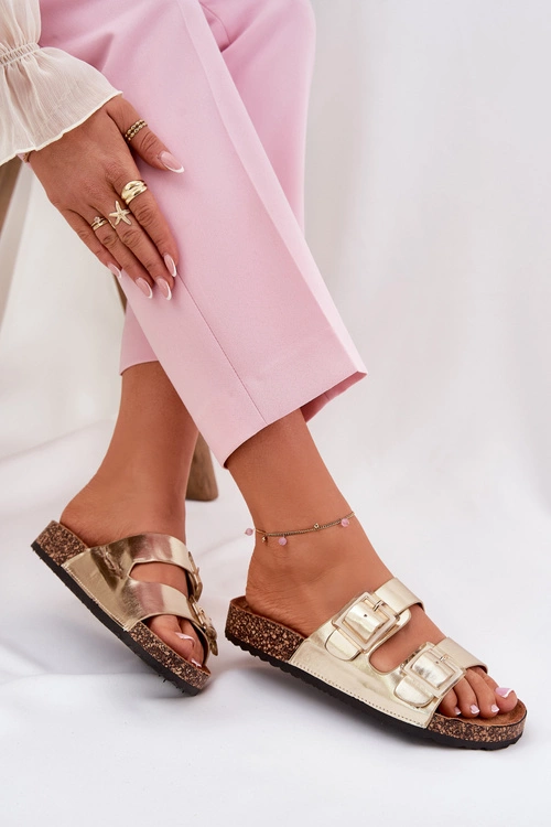 Klapki Damskie Z Klamrami Na Korkowej Podeszwie Złote Sercele