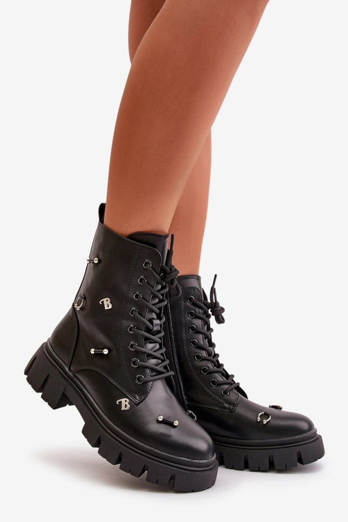 Botki Workery Damskie Z Ozdobami Eko Skórzane Czarne Cadenilla