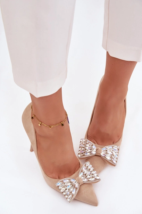 Szpilki Z Kokardą I Kryształkami Beżowe Marivine