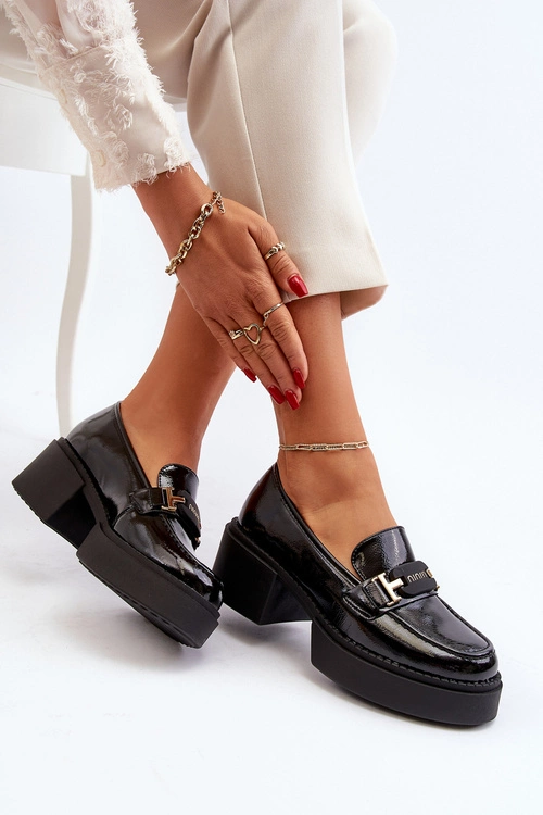 Damskie Lakierowane Mokasyny Na Masywnym Obcasie Czarne Ridulvi