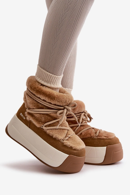 Skórzane Śniegowce Damskie Na Grubej Podeszwie Z Futerkiem Big Star OO274A207 Brązowe