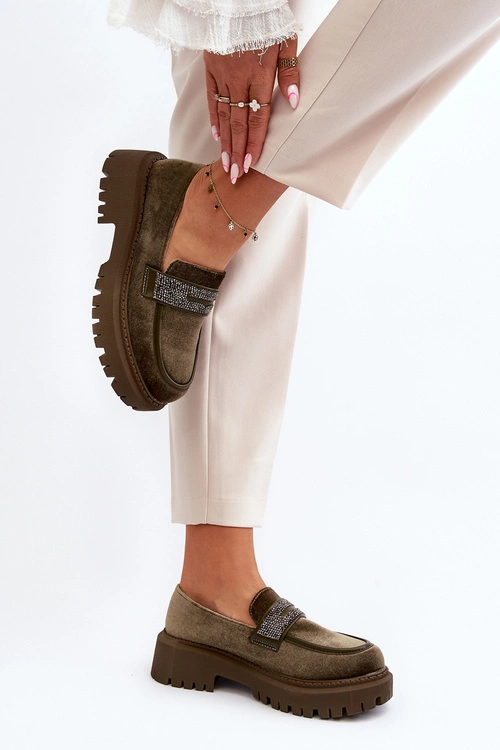 Damskie Welurowe Mokasyny Z Ozdobą Ciemnozielone Wendreda