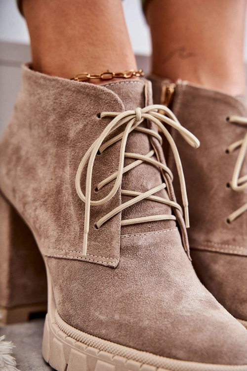 Modne Zamszowe Botki Sznurowane Beżowe Selma