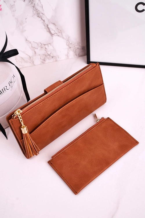 Duży Portfel Damski Z Dodatkową Portmonetką I Frędzlami Brązowy