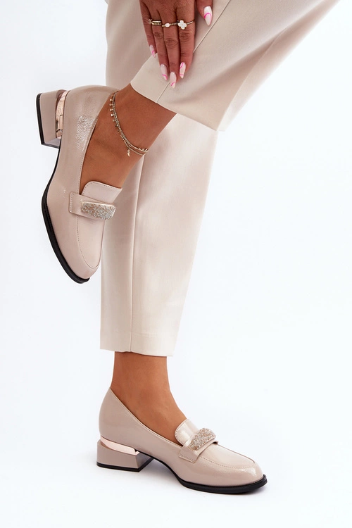 Damskie Półbuty Lakierowane Na Niskim Obcasie Beżowe Marilni