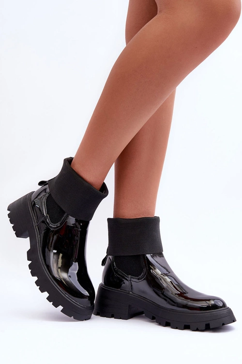 Botki Sztyblety Lakierowane Damskie Czarne Pavo