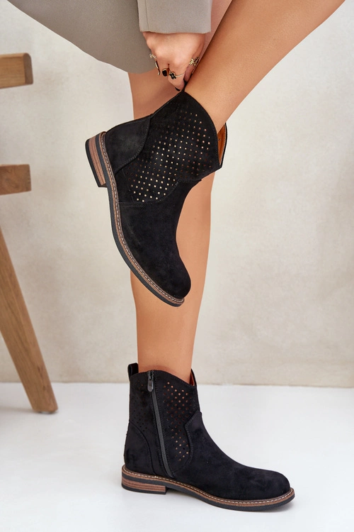 Ażurowe Botki Na Płaskim Obcasie Czarne Zinollia