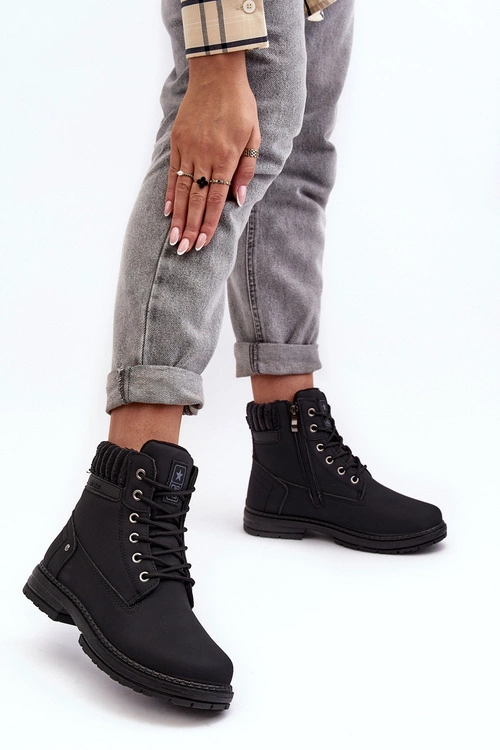 Damskie Skórzane Trapery Ocieplane Czarne Katalis