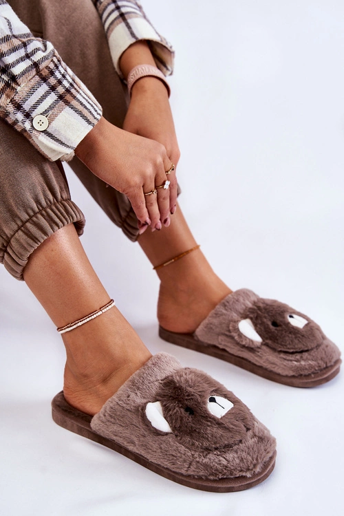 Damskie Futrzane Papcie Z Misiem Brązowe Solly