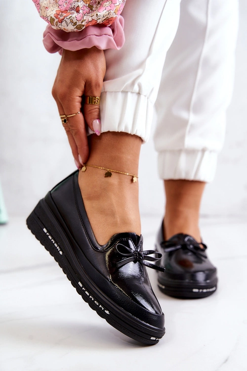 Damskie Lakierowane Mokasyny Na Koturnie Czarne Frilly