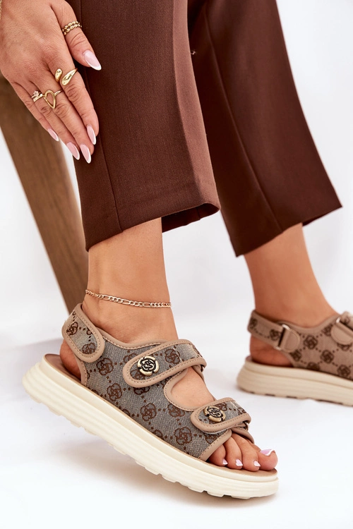 Damskie Wzorzyste Materiałowe Sandały Ze Złotymi Detalami Khaki Pefese