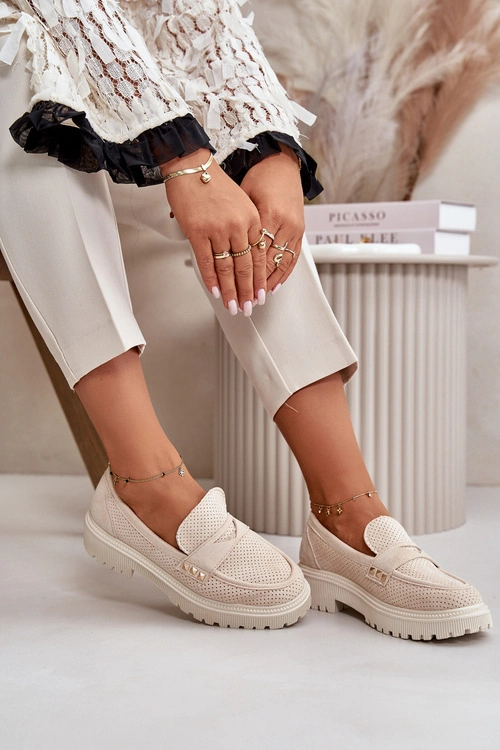 Damskie Ażurowe Półbuty Mokasyny Jasnobeżowe Tannes