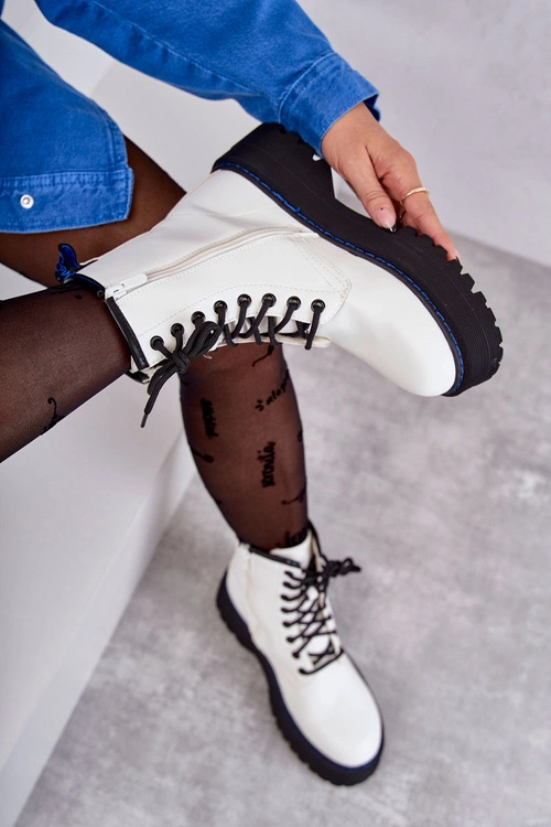 Damskie Wiązane Botki Glany Białe Callie