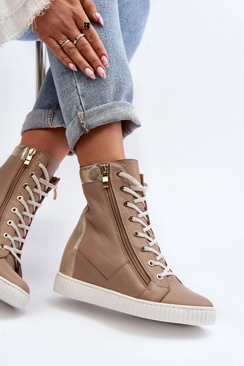 Zazoo 3081 Skórzane Trampki Damskie Na Koturnie Beżowe