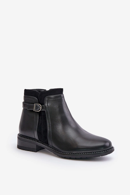 Ocieplane Botki Damskie Z Niską Cholewką Na Zamek Eko Skórzane Czarne Taitha