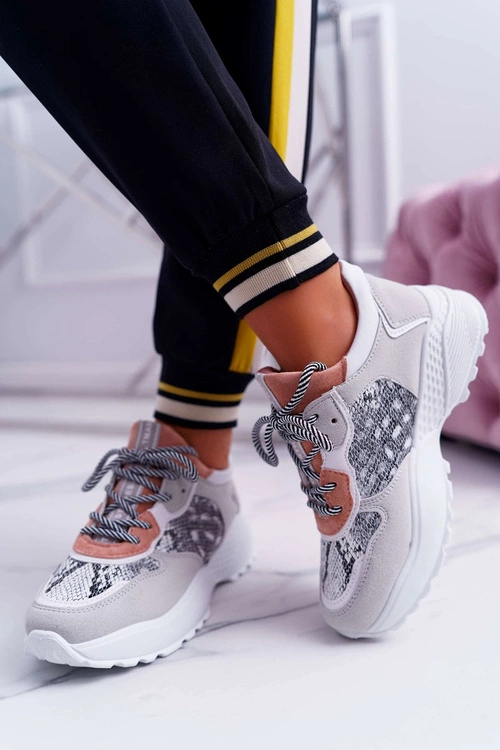 Sportowe Damskie Buty Wysoka Podeszwa Różowe Skóra Węża Chillout