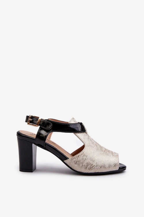 Sandały Damskie Na Słupku Z Eko Skóry Złoto-Czarne Queenmarie