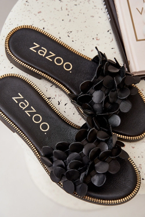 Zazoo 40381 Damskie Skórzane Klapki Na Płaskim Obcasie Czarne
