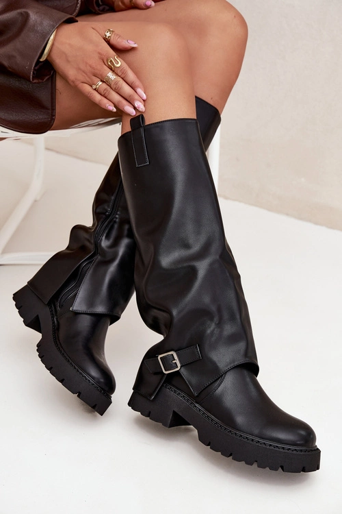 Ocieplane Kozaki Z Wywiniętą Cholewką I Klamrą Czarne Fiorae