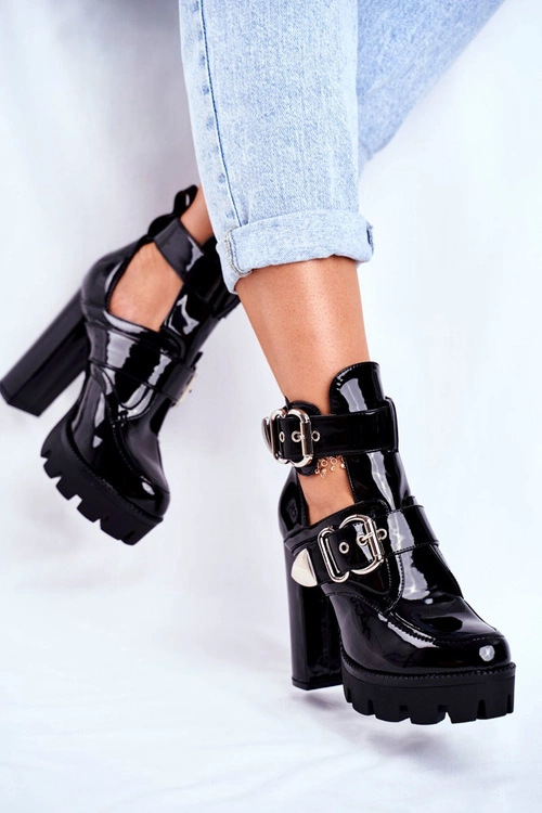 Damskie Botki Na Słupku Lakierowane Czarne Rock Time!