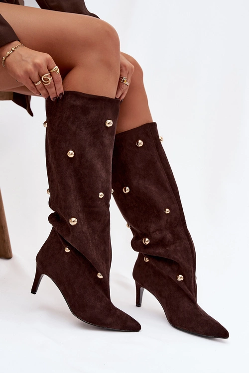 Wsuwane Kozaki Damskie Na Szpilce Ze Złotymi Ozdobami Czekoladowe Thaliane