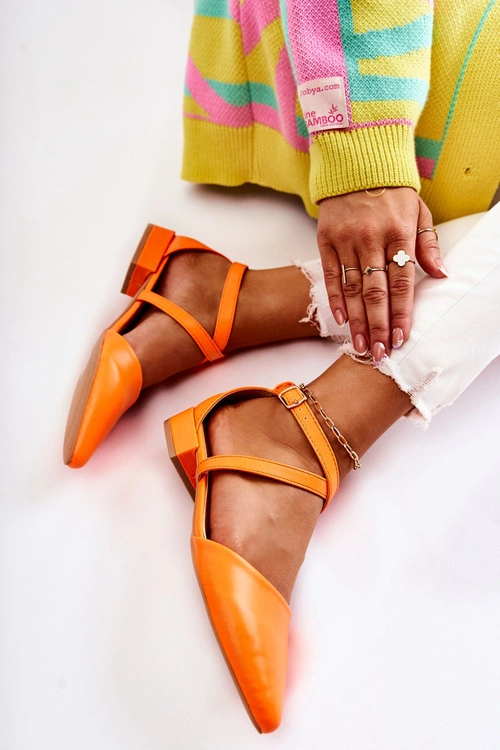 Skórzane Czółenka Na Niskim Obcasie Pomarańczowe Giovanna