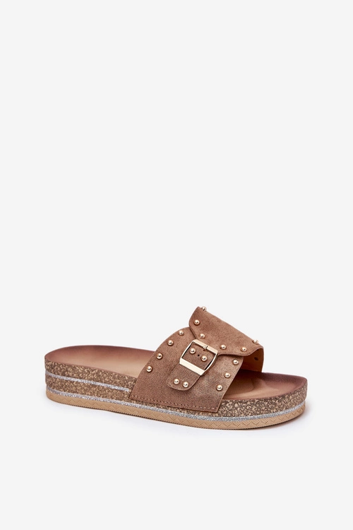 Klapki Damskie Na Platformie Z Klamrą I Ćwiekami Khaki Nusithia