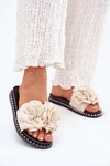 Klapki Damskie Z Materiałowymi Kwiatami Beżowe Elachase