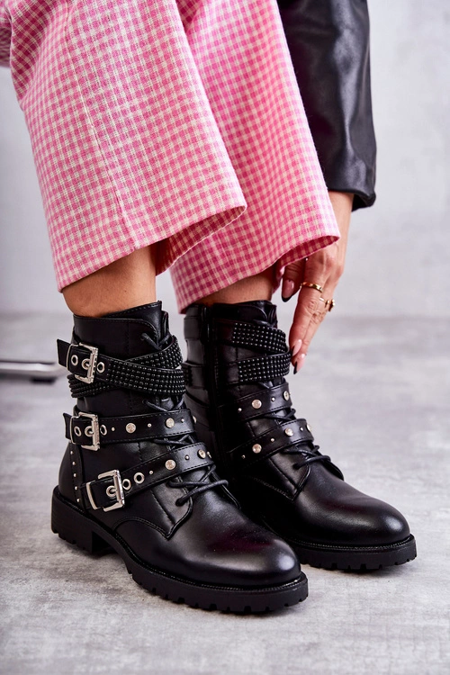 Damskie Skórzane Botki Z Ozdobnymi Paskami Czarne Russo