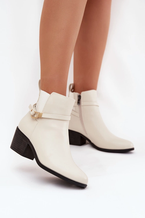 Botki Damskie Na Zamek Z Paseczkiem I Złotym Detalem Jasnobeżowe Zelinae