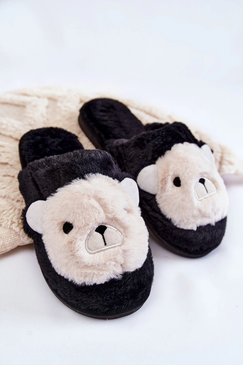 Damskie Futrzane Papcie Z Misiem Czarne Solly