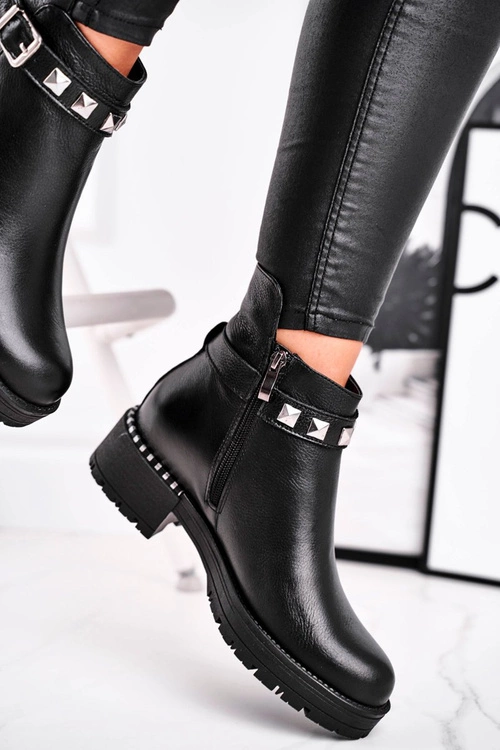 Botki Damskie Skórzane Ocieplane Laura Messi Czarne 2055