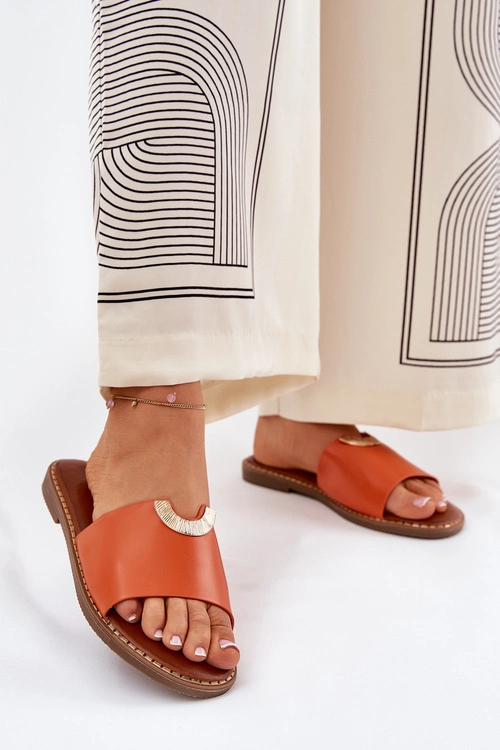 Klapki Damskie Eko Skórzane Z Ozdobnymi Detalami Pomarańczowe Mevith