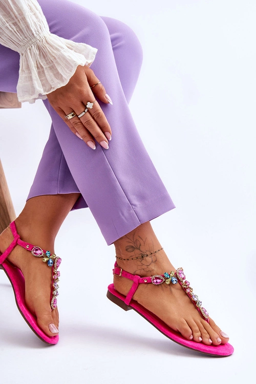 Zamszowe Sandały Japonki Z Kamieniami Różowe Frency