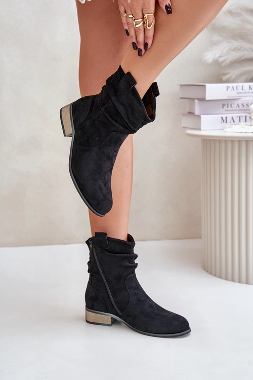 Ocieplane Botki Z Marszczeniem Na Niskim Obcasie Czarne Elletinnia