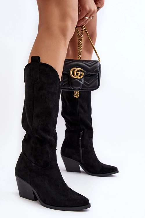 Damskie Kozaki Kowbojki Na Obcasie Przed Kolano Czarne Oppore